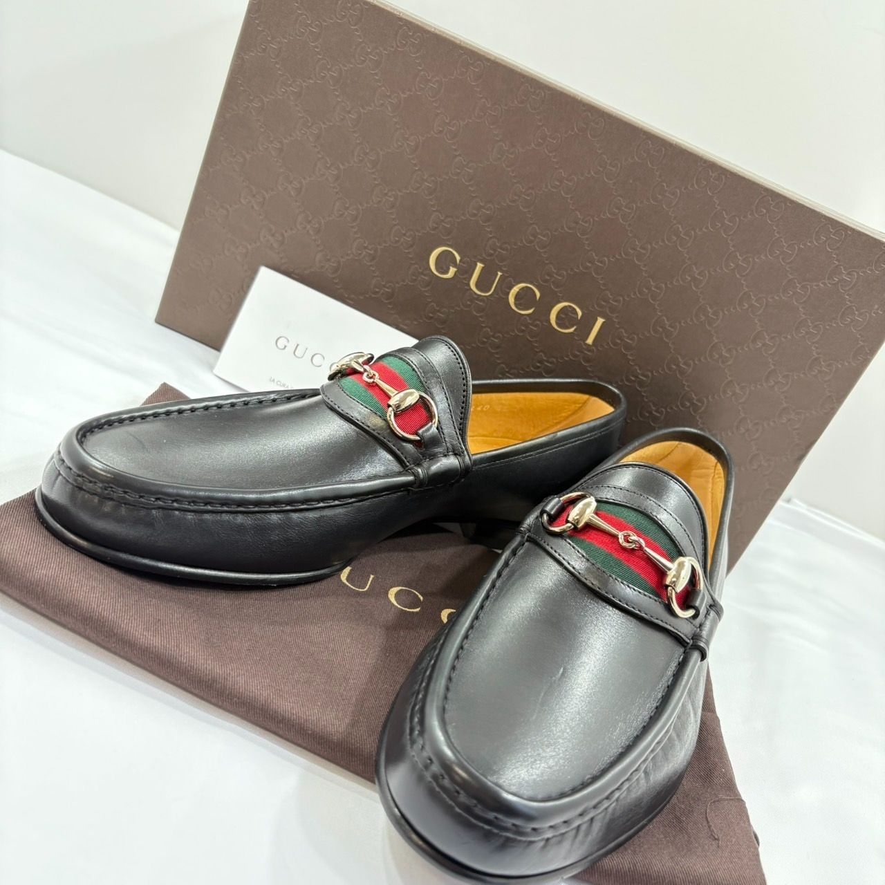 !! !! GUCCI グッチ モカシン シェリーライン ホースビット ローファー 42E 27cm メンズ 革靴