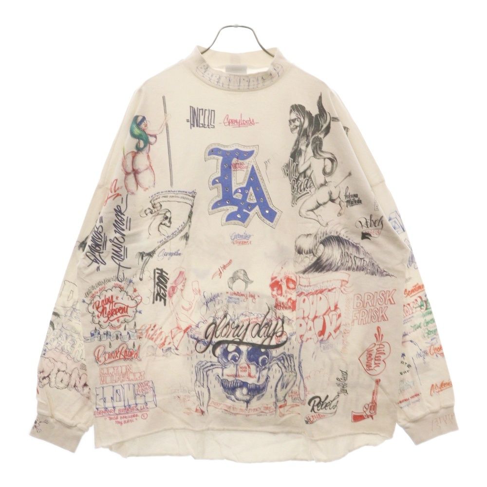 SAINT MICHAEL (セントマイケル) 24SS ×BORN X RAISED BR LS TEE LA ボーンレイズド グラフィティプリント スタッズ 長袖Tシャツ ロンT ホワイト SM-YS8-0000-C10