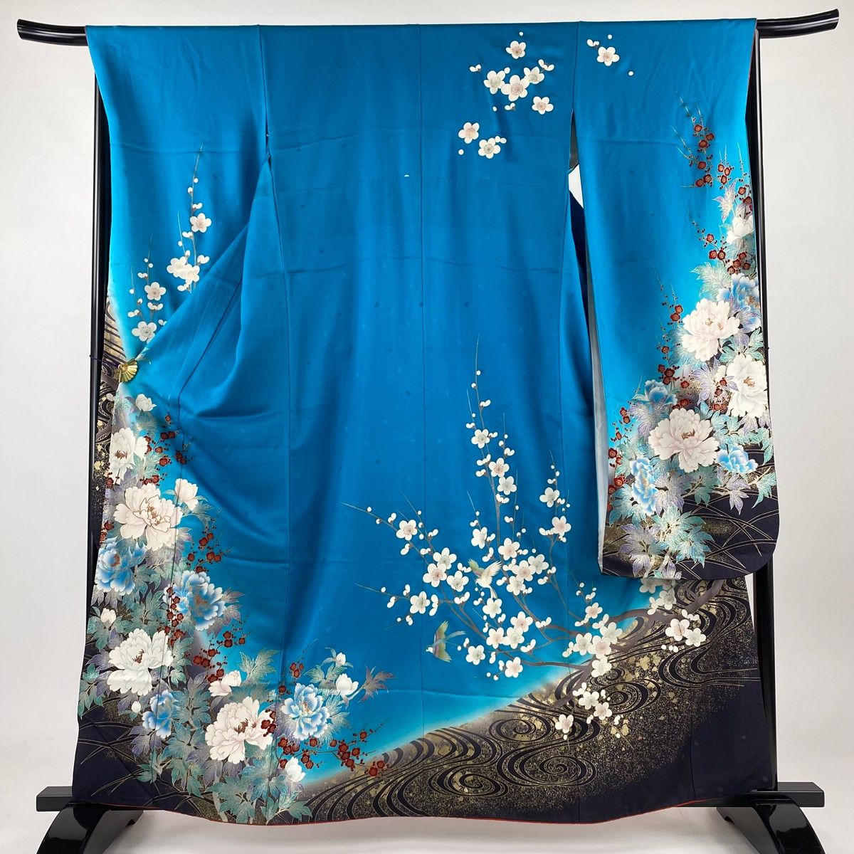 振袖 身丈160.5cm 裄丈67cm M 袷 牡丹 枝梅 金銀彩 金糸 水色 正絹 名品