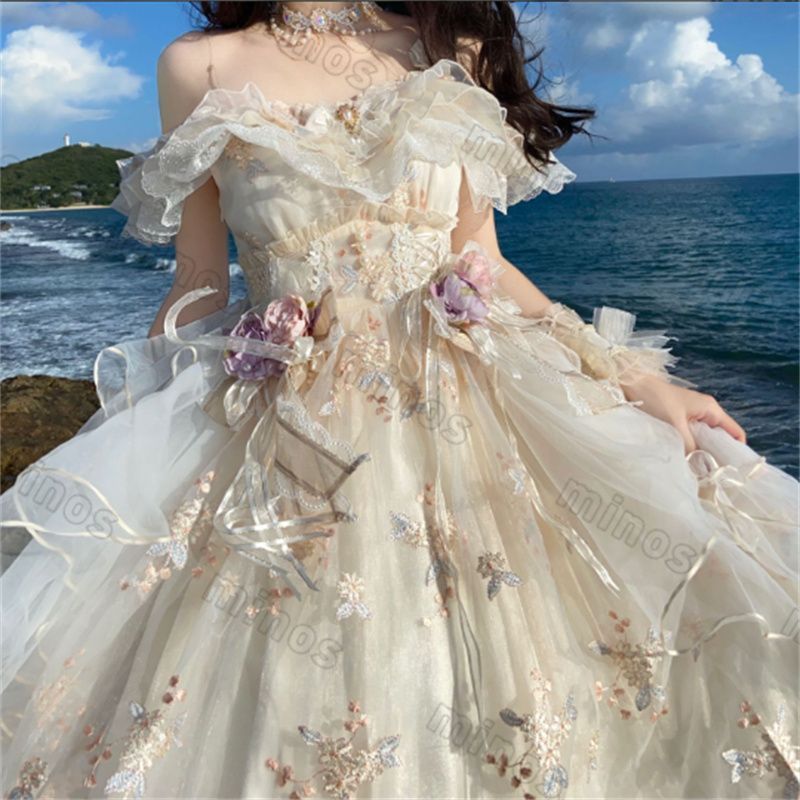 花神フローラ ロリータドレス 刺繍入り 夏用華やか花嫁風 甘ロリ プリンセス風 お姫様スタイル 調整 サイズ 撮影用 プレゼントに最適 JSK フルセット