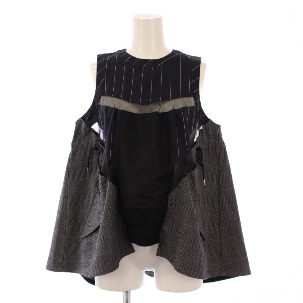 サカイ sacai シャツ ブラウス プルオーバー ノースリーブ クルーネック 切替 ドッキング 1 グレー 紺 ネイビー 黒 ブラック BB