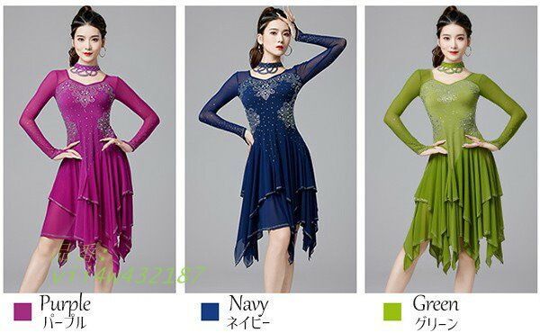 ラテン衣装 社交ダンス ラテンドレス ワンピース ラテンダンス ダンス発表会 サルサダンス 七分袖 競技用ドレス ステージ ダンスウエア 団体 vii 4 w 432187