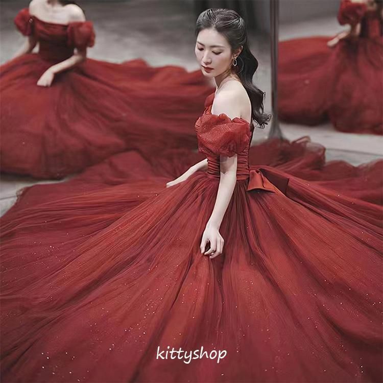 Patypeety] イブニングドレス ワイン赤 オフショルダー サテン ドレス