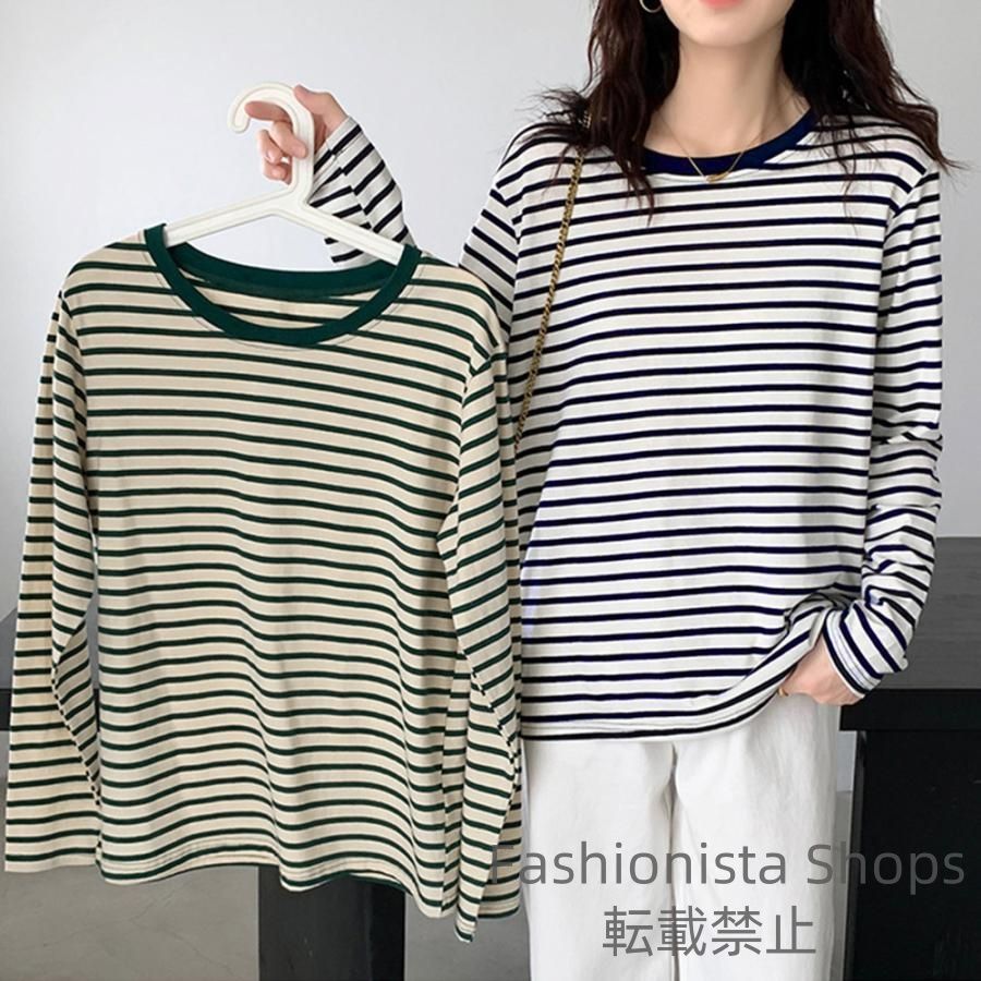 [ 洗える ] ボーダー柄長袖T レディース 長袖ボーダー柄クルーネックロングTシャツ（Tシャツ