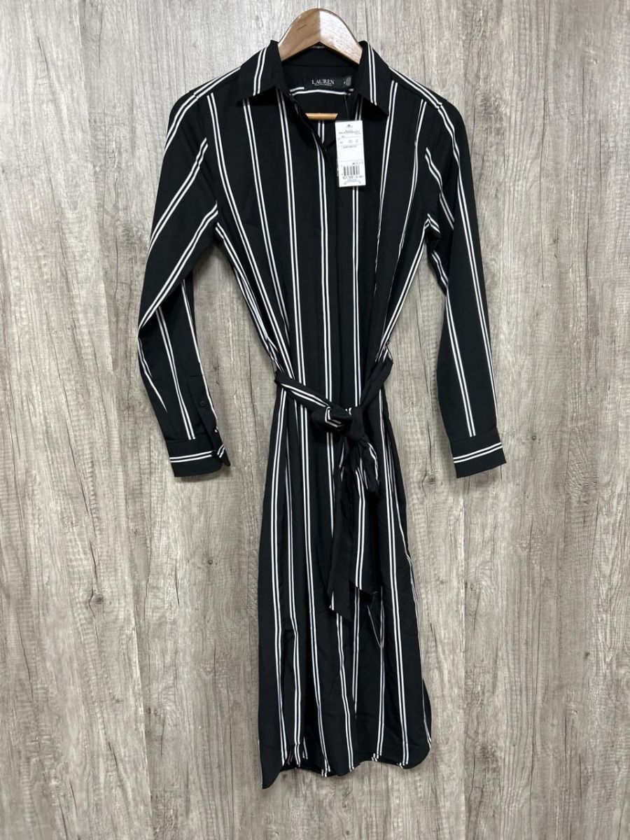 LAUREN タグ付き ローレンラルフローレン ストライプ柄 Aライン ワンピース size00|白ｘ黒 ◎レディース