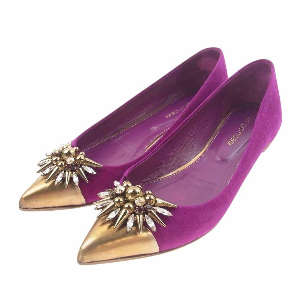 Sergio Rossi Italian Bijou Studs Decorative Pumps Pointed Toe Flat Shoes Purple 36 [Used]