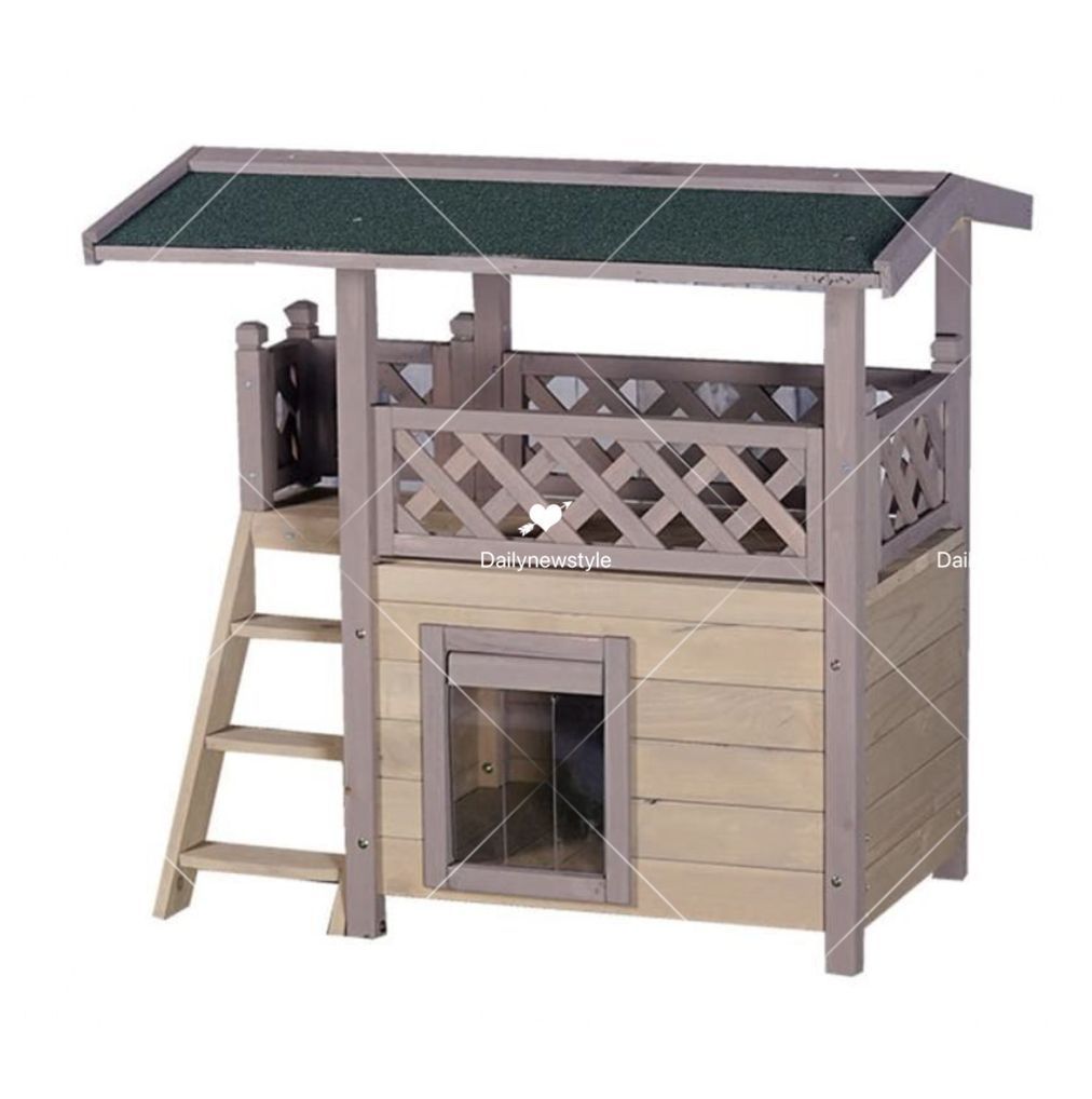 人気推薦◆木製キャットハウス屋外防水ペットハウス2階建てキャットハウスキャットヴィラ階段付きハウスキャットハウスドアフラップ付き