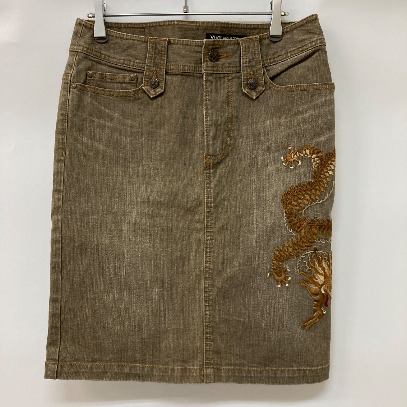 VIVIENNE TAM ヴィヴィアンタム スカート ミニスカート タイト スリット ドラゴン 刺繍 カーキ レディース 1サイズ CB657