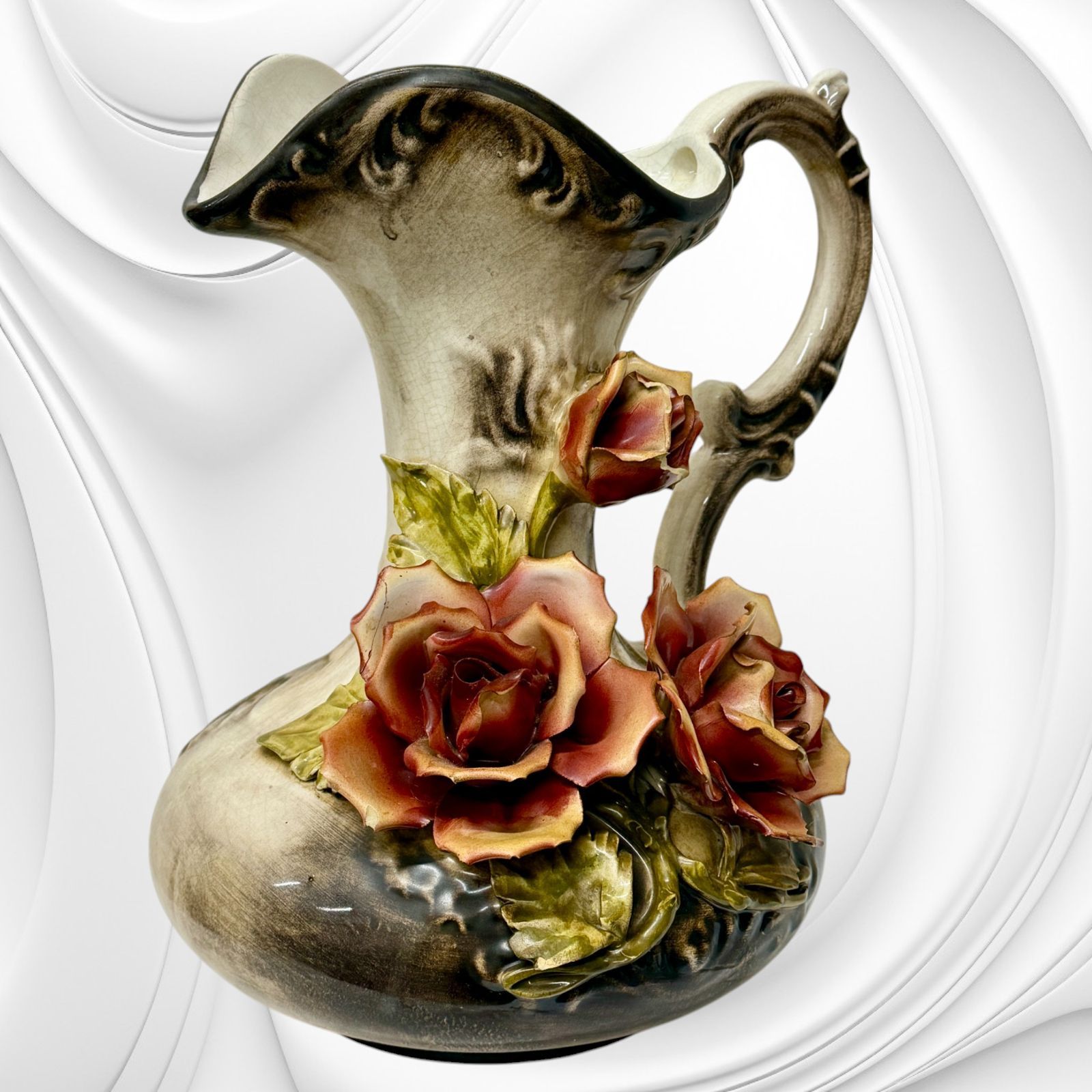 花瓶 イタリア製 花器 置物 飾壺 飾壷 ブルー 青 金彩 花柄 レリーフ