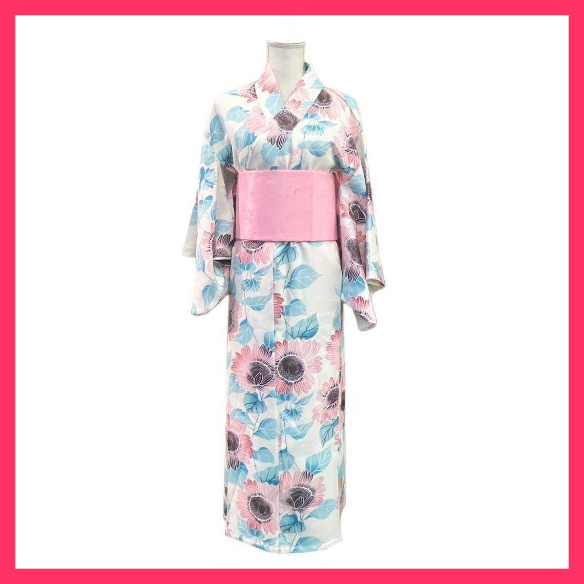 美品　さんび　夏着物　浴衣　洗える着物　渋い赤　ひまわり　身丈168.5cm ☆スタッフおすすめ☆浴衣 ピンクの向日葵 ひまわり 洗える 夏