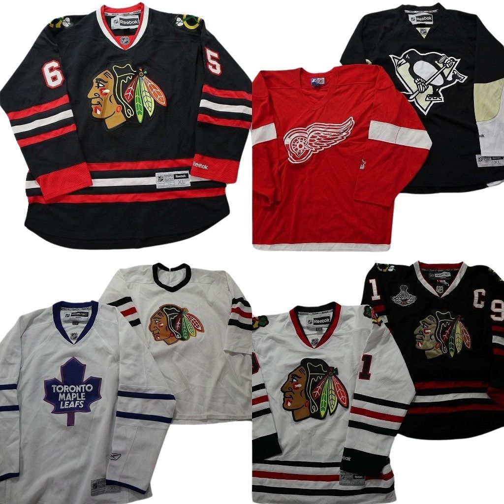 古着卸 まとめ売り プロチーム NHL ゲームシャツ ユニフォーム 7枚セット (メンズ XL ) リーボック ブラックホークス MU0146