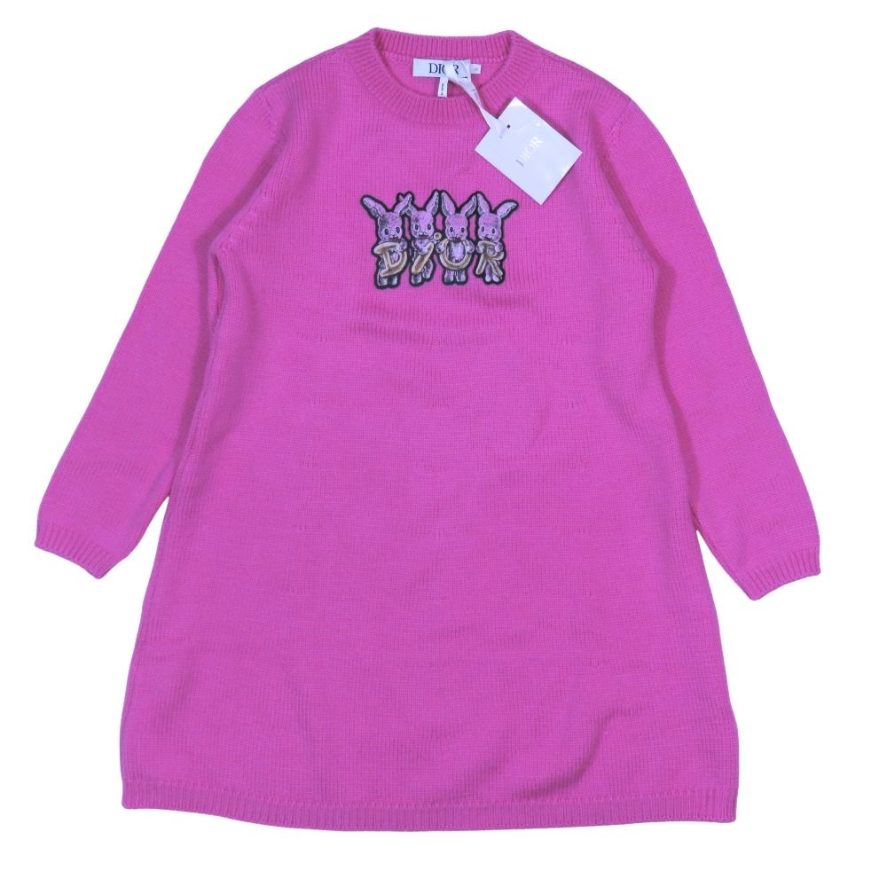 Dior ディオール ウール ニット ワンピース セーター 長袖 ウサギ ロゴ ワッペン フ 膝丈 10 ピンク 子供服 キッズ 古着