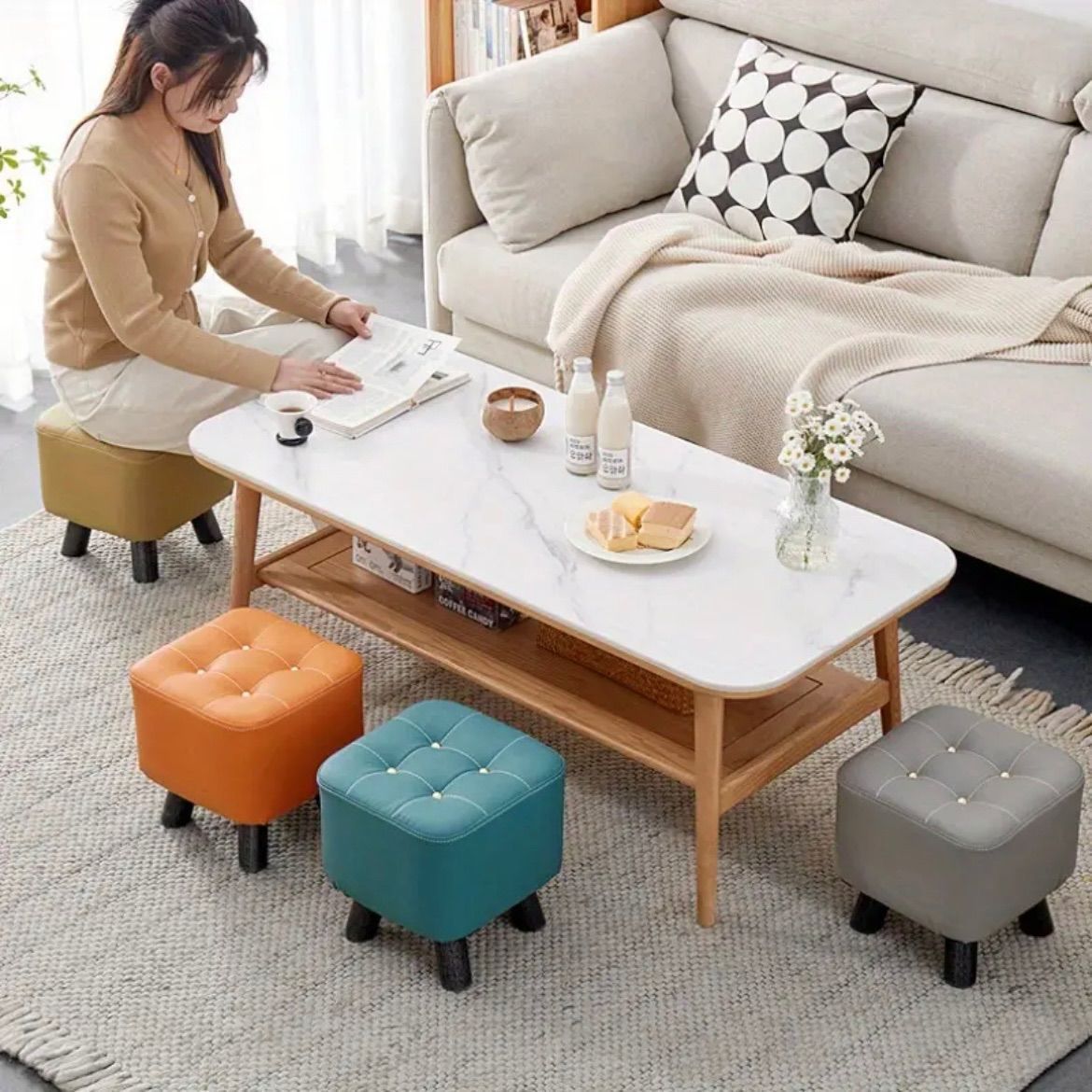 チェア 椅子 スツールスカンジナビアモダン 小さい 木製スツール 木製 多用途フットレスト ソファスツール リビングルーム 寝室 ダイニング 玄関 オフィス用 子供部屋 キッズルーム キッズサイズ 子供用 防水 ロイヤルブルー ピーコックブルー MARWIL-DEMENAGEMENTS_CH