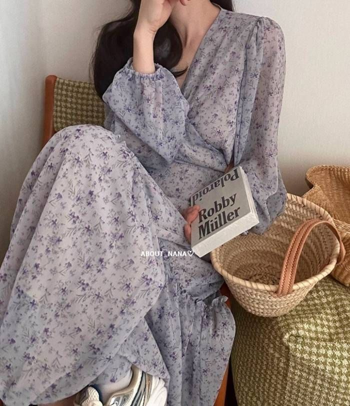 ワンピース 春 夏 レディース 花柄 長袖 Vネック ボリューム袖