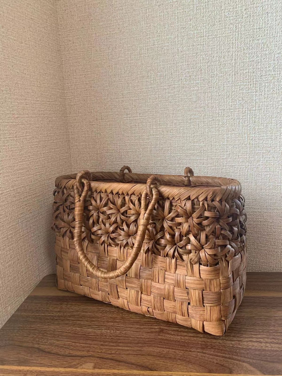 山葡萄かごバッグ 手作り カゴバッグ 内布付き 市松編み 立体花編み