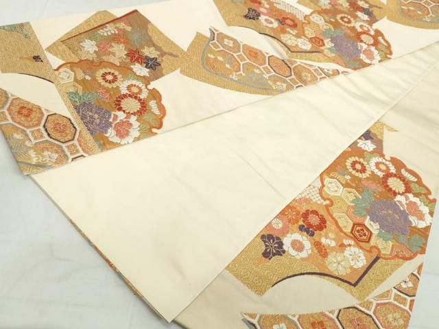 Q1418★ 着物淡雪 ★ 正絹　6通袋帯　金通し地　可愛い花唐草模様　織り出し 平和屋着物▽六通柄袋帯 草花丸文 金銀糸 正絹 逸品 AAAZ4169wj