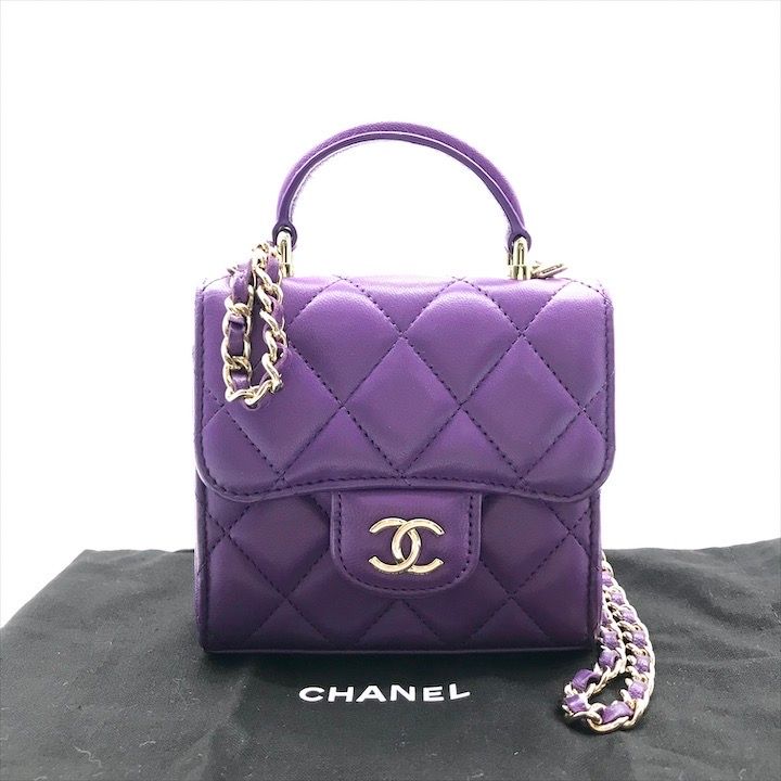 CHANEL シャネル ココマーク ミニマトラッセ ラムスキン チェーン ショルダー バッグ 斜め掛け パープル レディース a7589