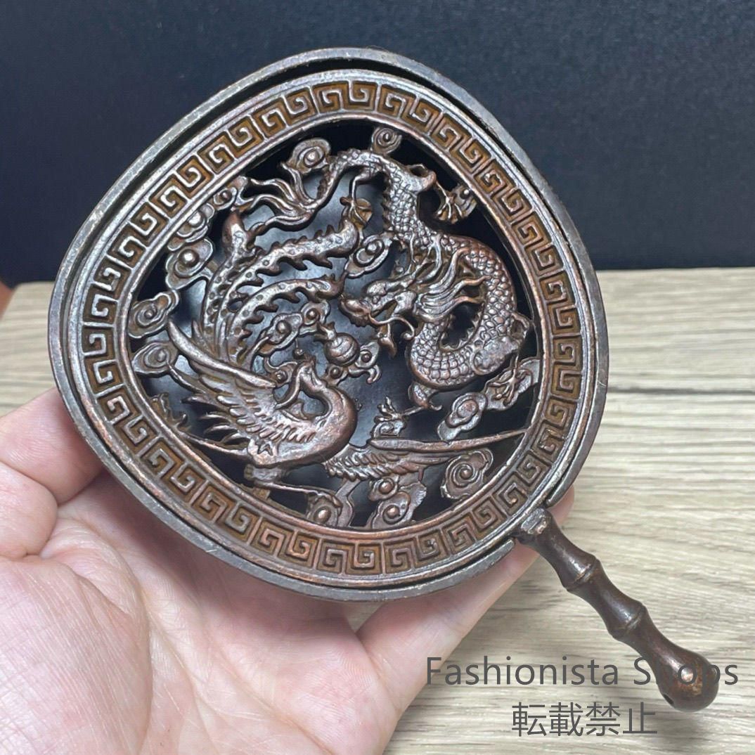 新品未使用】銅 細工 龍鳳扇香炉 茶道香炉 茶道具 装飾品 工芸品
