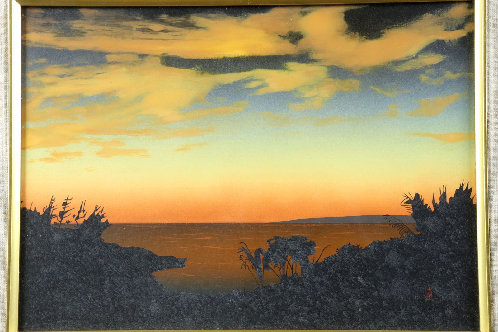 ▽ 鎮西直秀 「夕映え宮古島」 肉筆油彩4号 夕焼け 風景画 唐物