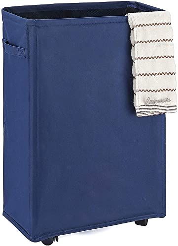 Slim/45L_ネイビー無地・45L Caroeas 45L Slim 洗濯かご スリム ランドリーバスケット ランドリーかご 洗濯かご 折りたたみ キャスター付き 撥水加工 取っ手付き 細長型ランドリーバスケット 収納便利