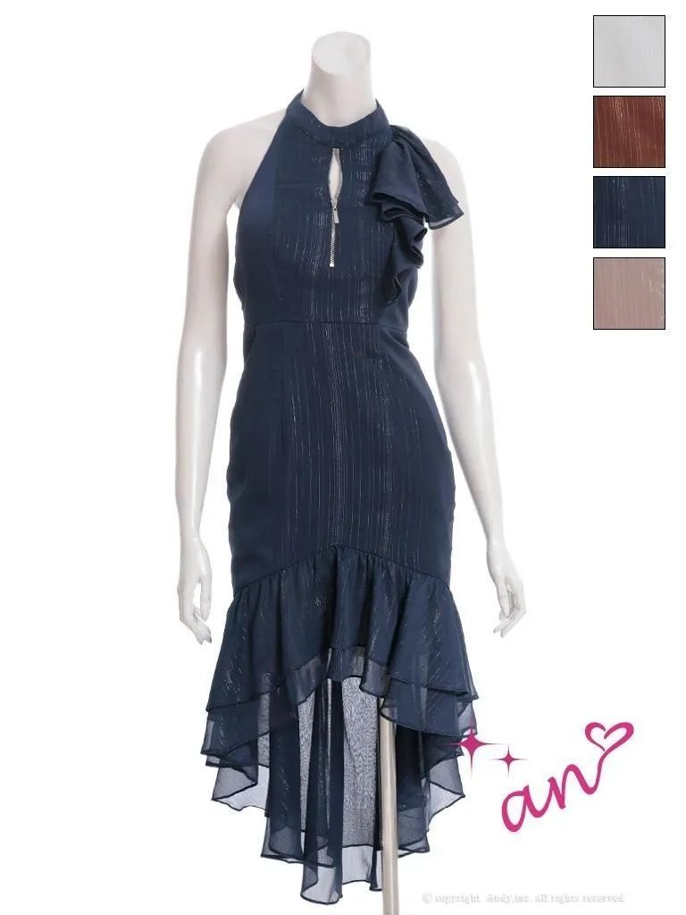 ネイビー AOC3971-BE-2509 an アン AOC-3971 an アン ラメ ホルターネック バストジップ ショルダーフリル テールカット マーメイド ミディアムドレス キャバドレス