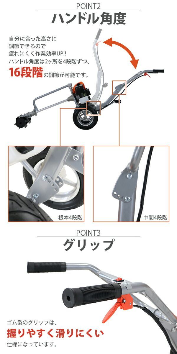 耕運機 手押し式 エンジン式 排気量約52cc 耕幅約36cm 約360mm 2