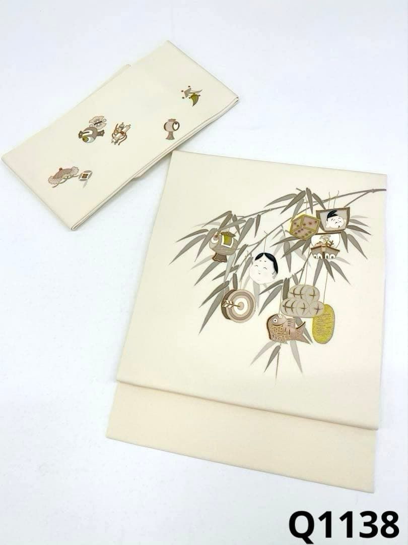 宝尽くし 作り帯 切り帯 竹笹 正絹 Q1138