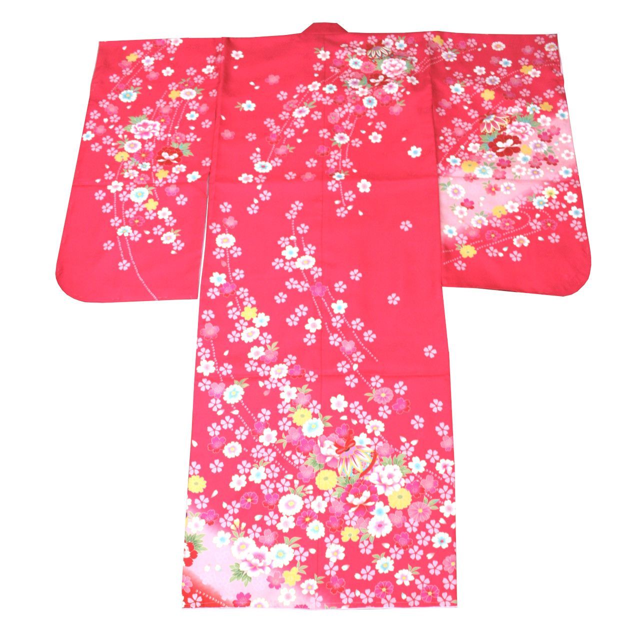 七五三 ７歳 四つ身 濃ピンク 絵羽 着物 長襦袢 ポリエステル