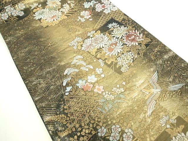 平和屋着物□六通柄袋帯 色紙花鳥文 金糸 正絹 逸品 DAAQ8427sf