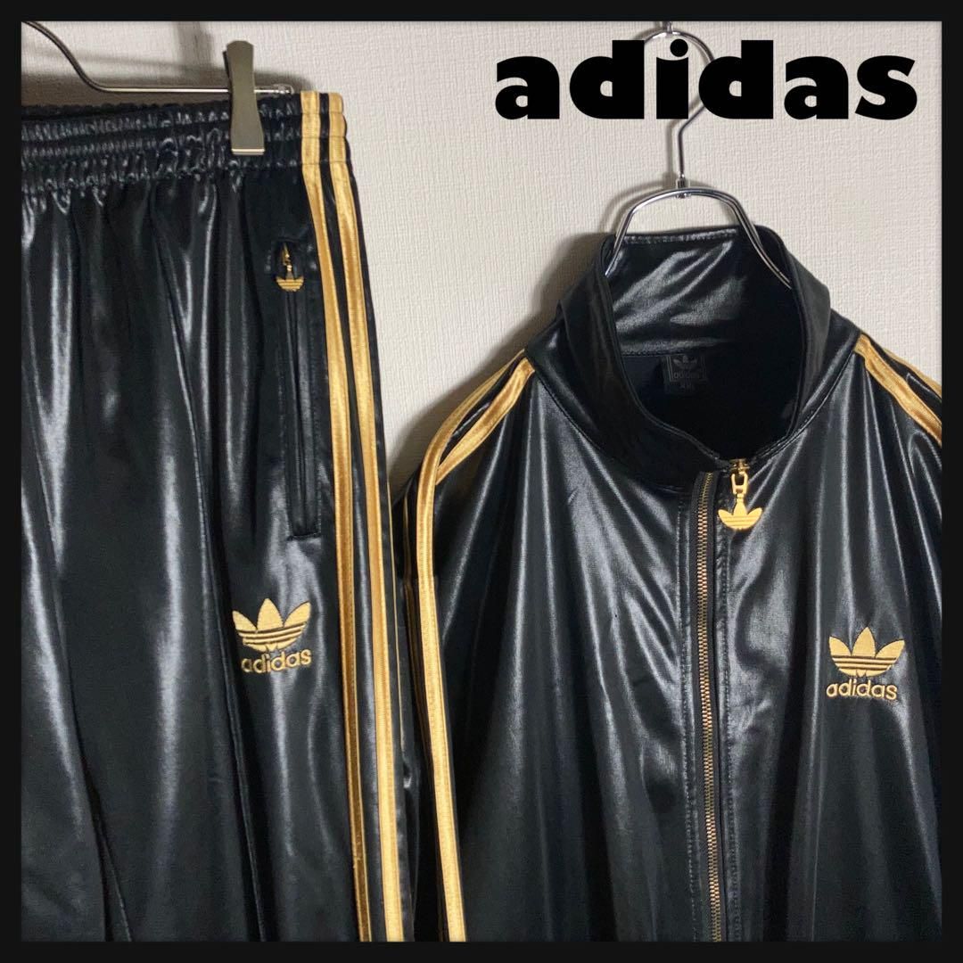 【人気カラー】adidas ジャージセットアップ XL 黒金 刺繍 古着 O adidas - adidas 黒×金 トラックトップ ジャージ スーパースター