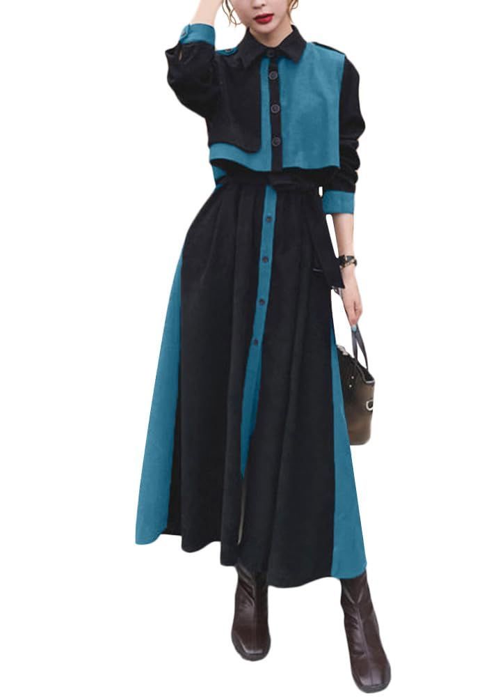 Size M_Color ブラック|ブルー Ｍｉｎｅｓａｍ ロングワンピース レディース シャツワンピース 長袖 ミモレ丈 ワンピース Aライン 体型カバー バイ 切り替え 春秋 おしゃれ カジュアル 通勤 ブラック＆ブルー M