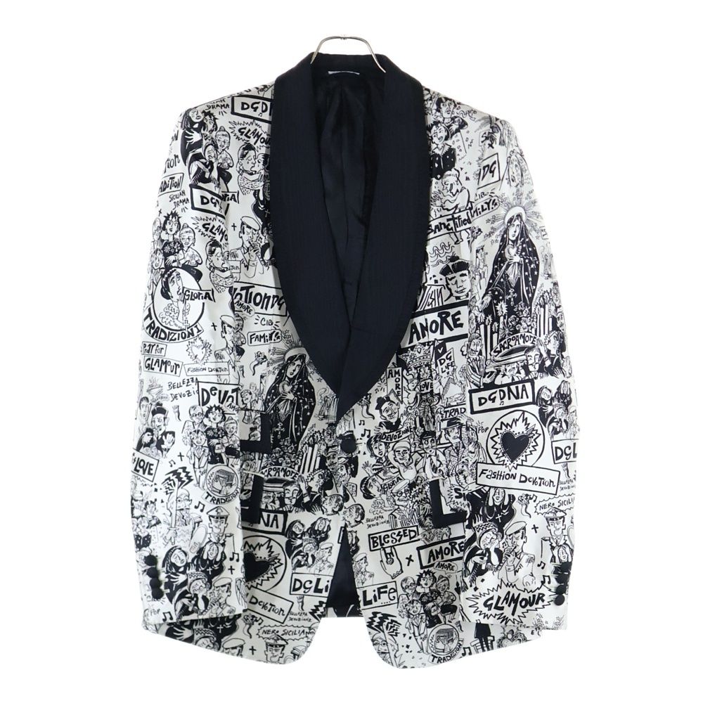 DOLCE - GABBANA ドルチェアンドガッバーナ 総柄 シルク ショールカラー タキシードジャケット ブラック|ホワイト G2MD7T|HS12F