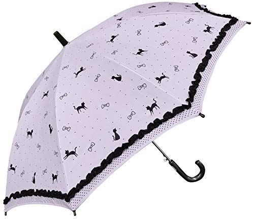 雨傘・猫リボン(パープル）_55cm 軽くて丈夫なグラスファイバー骨 猫 リボン 水玉 フリル付 かわいい 55cm ジャンプ傘 （パープル）