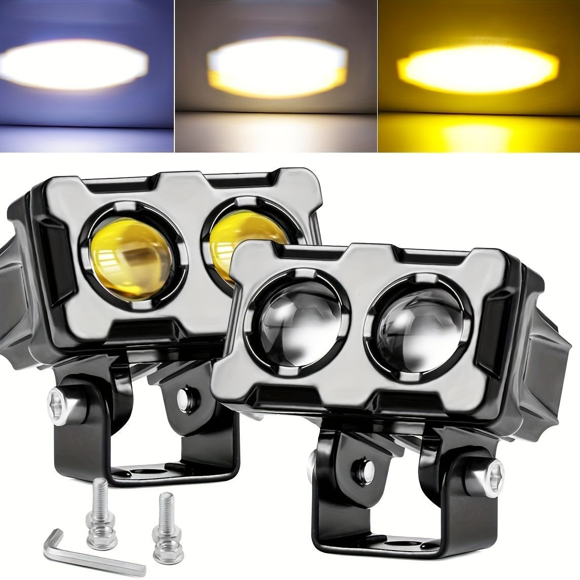 2個セット LEDヘッドライト 7cm 車用 バイク 2レンズ フォグランプ 12LED ホワイト イエロー ヘッドランプ 防水 明るい 12V-24V スポットライト t2105