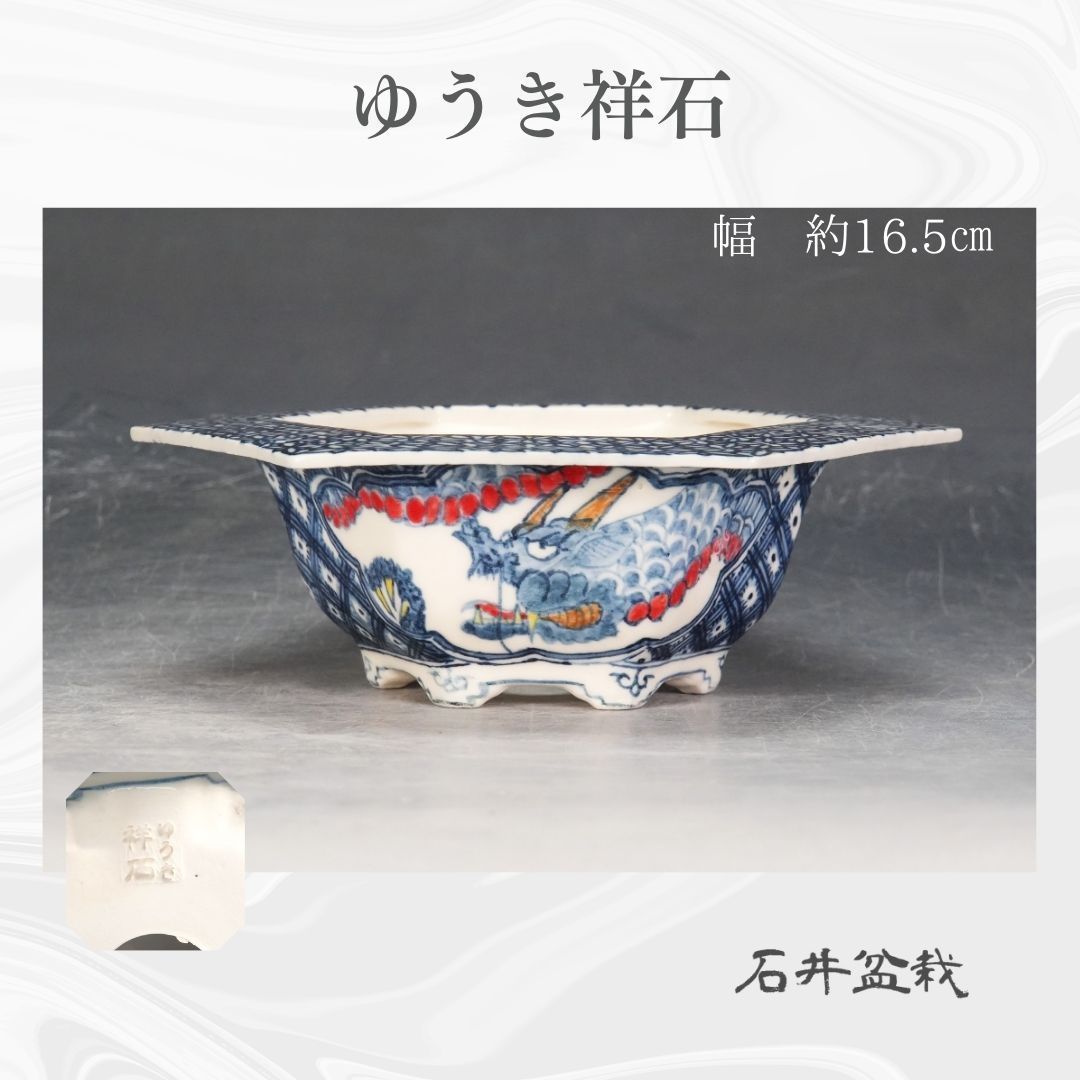石井盆栽 ゆうき祥石 盆栽鉢 鉢 楕円鉢 絵鉢 ｐ-148