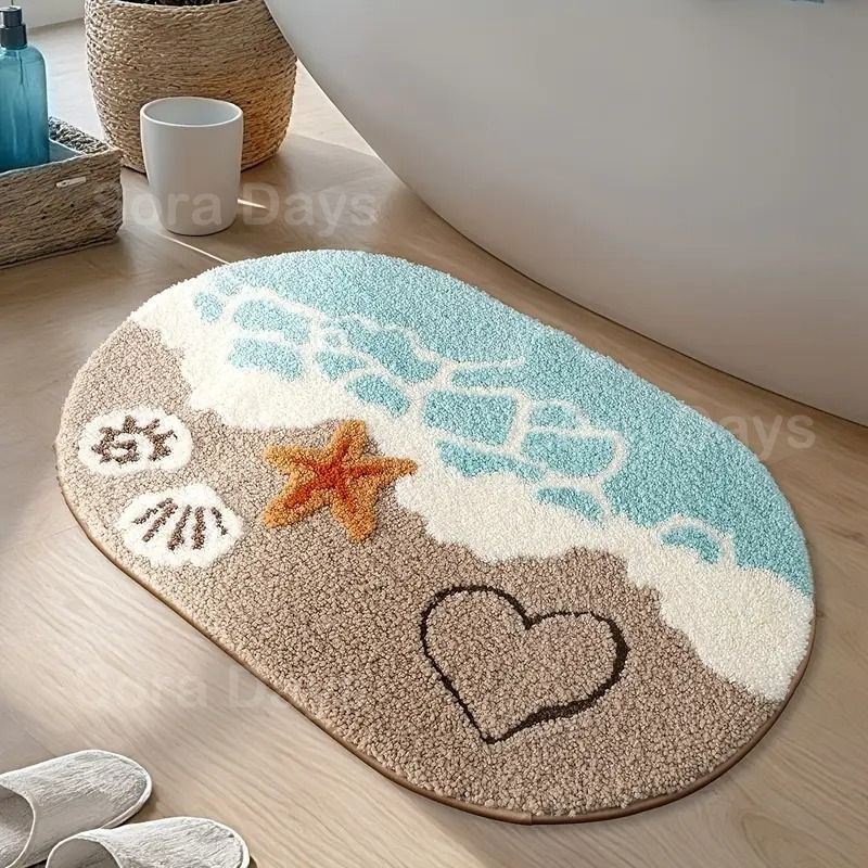 バスマット ビーチ 海 砂浜 貝殻 ハート柄 楕円形 ふわふわ おしゃれ ポップ ナチュラル インテリア 北欧 洗濯機対応 柔らかい 吸水 滑り止め加工 フロアマット シャワーラグ トイレ 玄関 ギフト 40×60cm 50×80cm