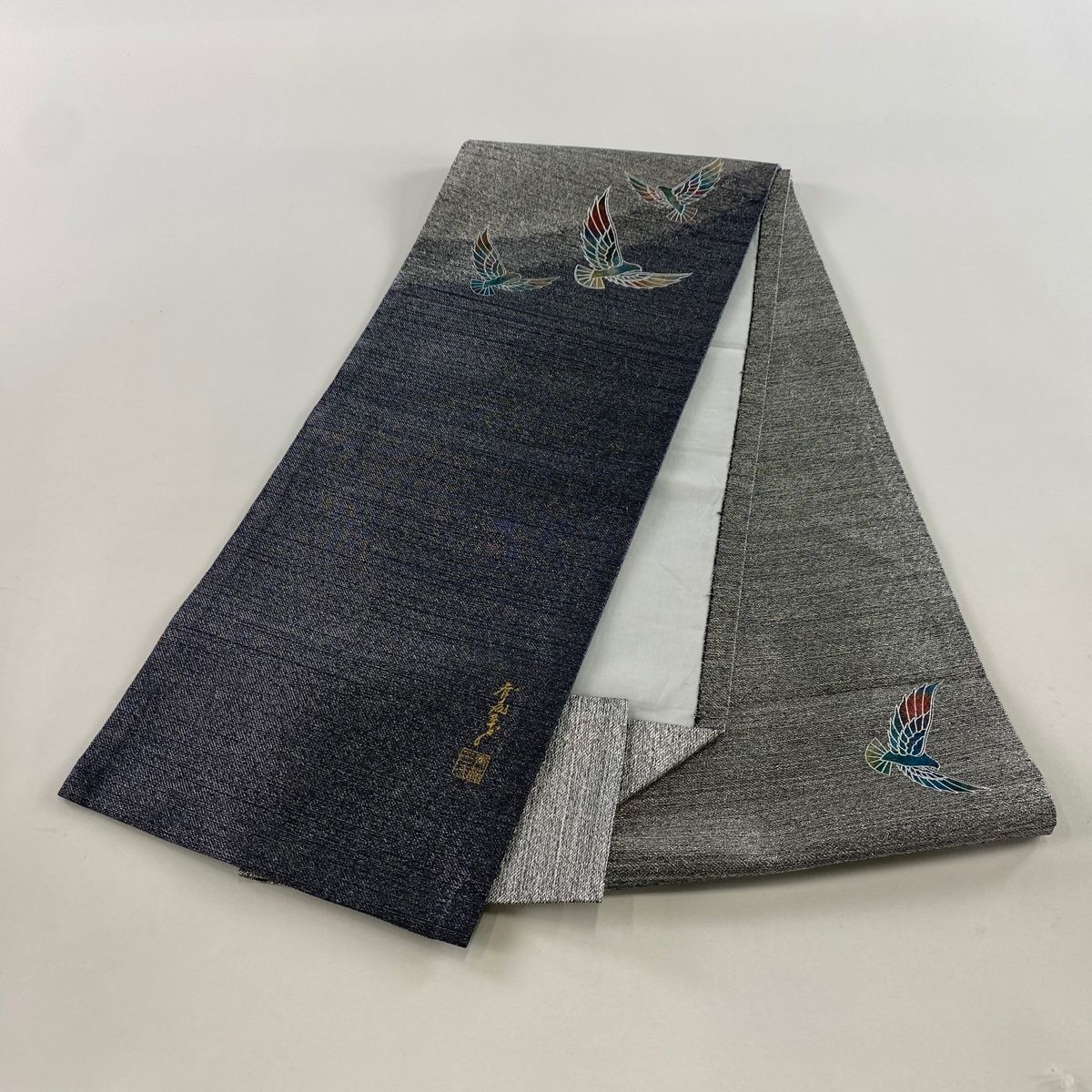 平和屋着物○塩瀬 九寸名古屋帯 手描き 般若 黒地 金彩 正絹 逸品  