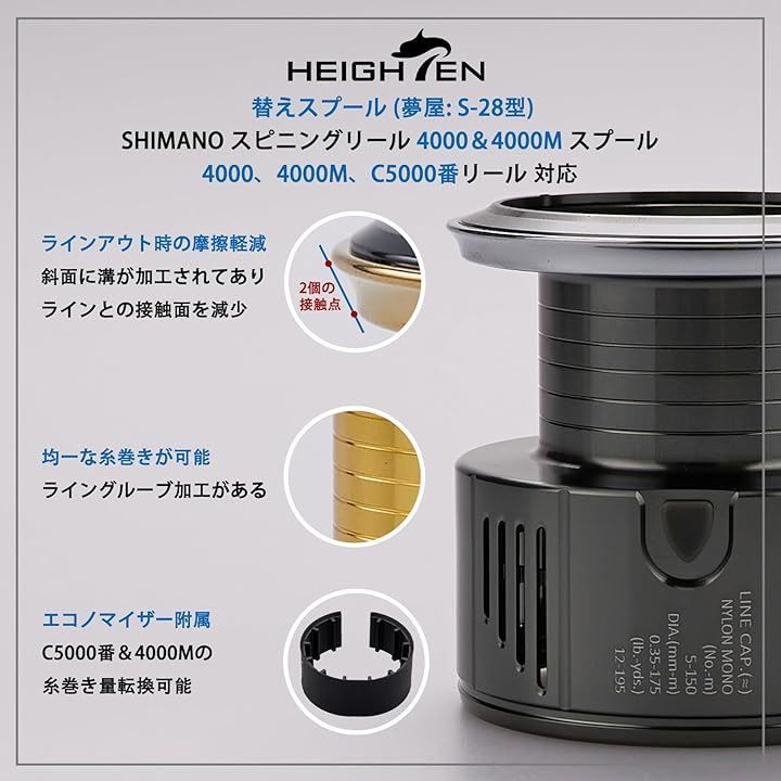 HEIGHTEN リール スプール 夢屋S-28型 替えスプール 4000番から5000番対応 ステラ/ツインパワー/ヴァンキッシュ/ヴァンフォード/ストラディック/エクスセンス( ダークガンメタル＆シルバー(22ステラ色),  C5000)