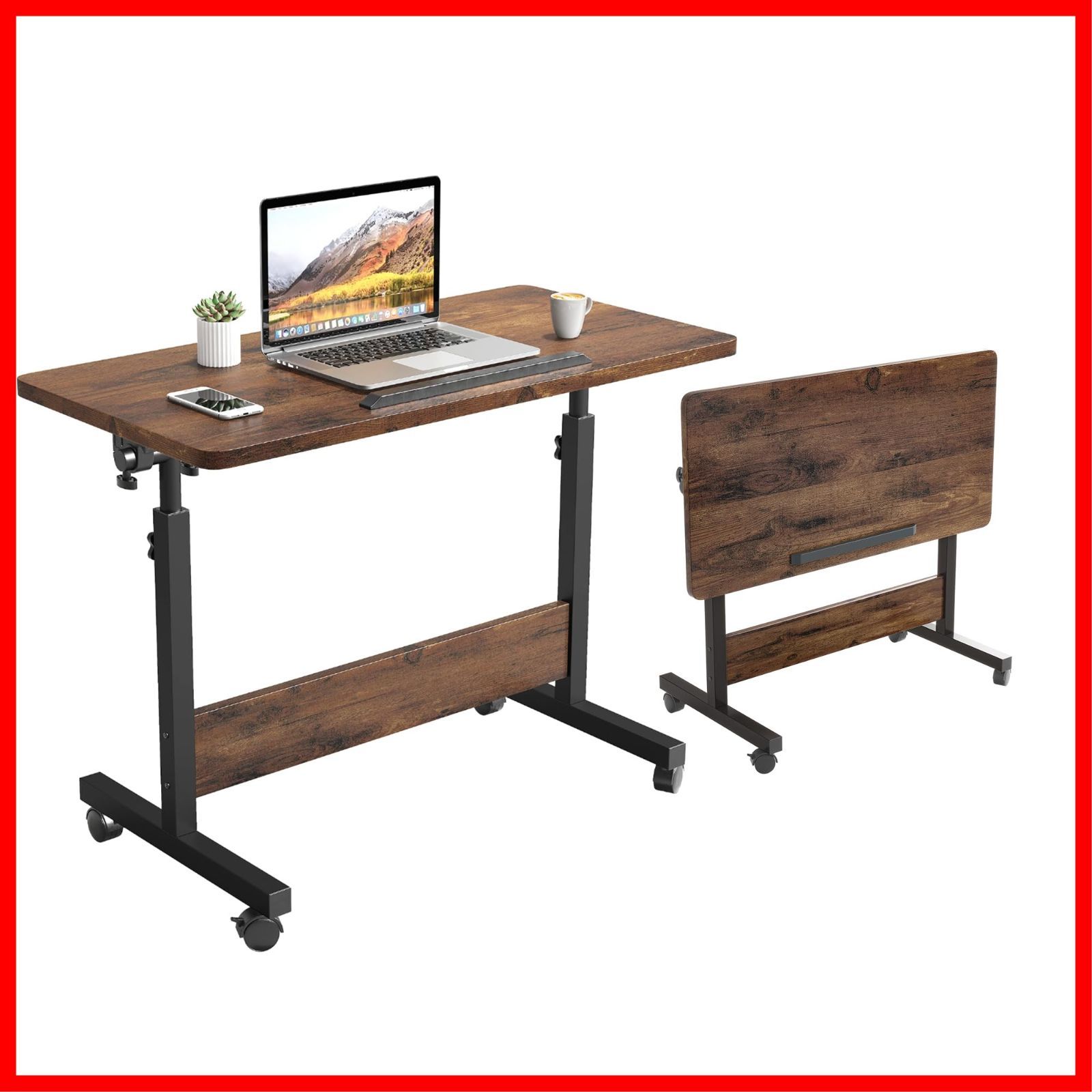 幅80cm×奥行40cm×高さ65～87cm（ヴィンテージ） 高さ調節 オフィスデスク 移動式 介護用テーブル スタンディングデスク ベッドサイドテーブル パソコンデスク 折りたたみデスク 昇降式デスク 