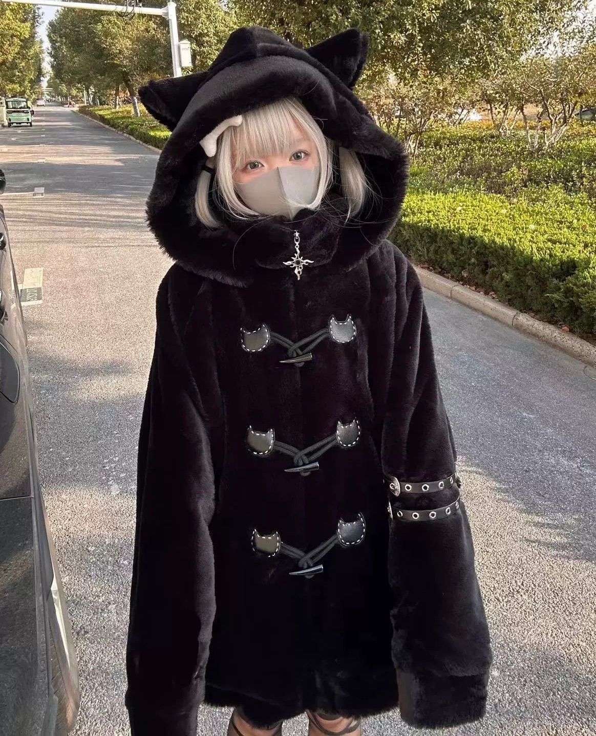 猫耳 ブラック ボア コート フーディー もふもふ ふわふわ ボア 耳付き フード 悪魔 温かい ファー フーディー サブカル系