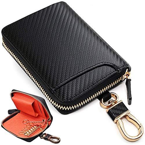 [新品※未使用] [PEYNE] キーケース メンズ 本革 スマートキーケース - カーボン カード 大容量 レザー メンズキーケース 02小銭入れ(表革: カーボン ブラック， 内側: 型押しカーフ ブラック/レッド)…