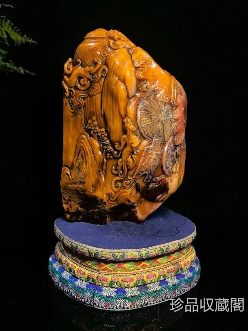 中国古美術・寿山石龍鳳呈祥の印鑑・手彫り・大極品紅絡金田黄石