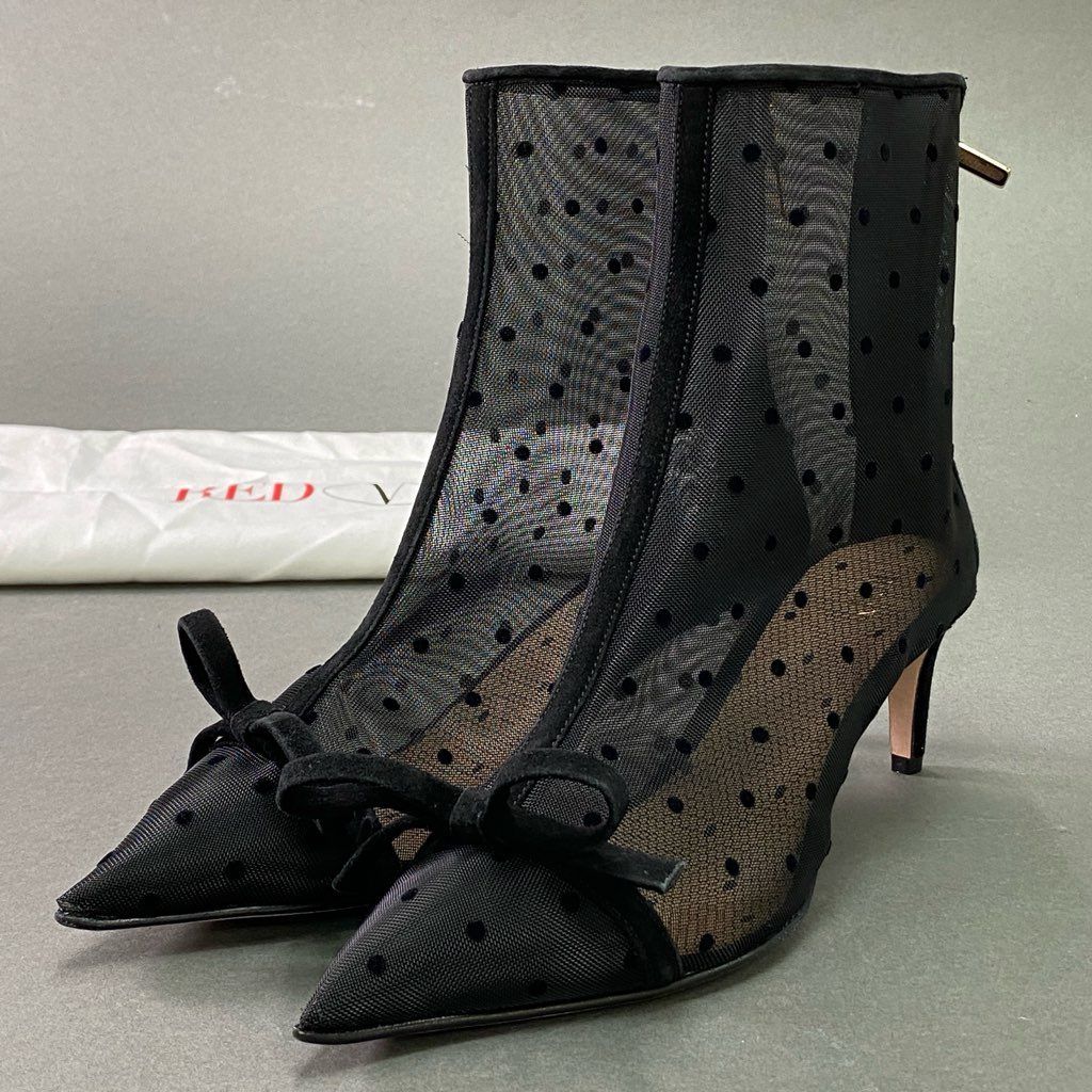 1e10 RED VALENTINO レッドヴァレンティノ ドットチュール アンクルブーツ ヒールブーツ リボン ポインテッドトゥ スエード サイズ37 ブラック バックジップ レディース