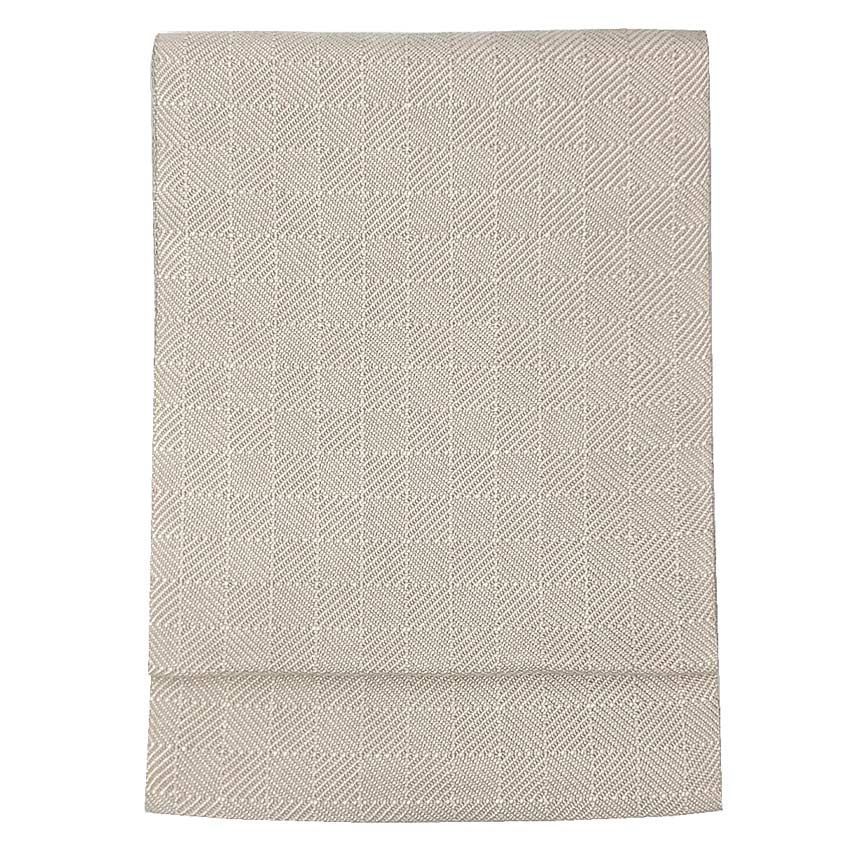 京やK442 正絹 名古屋帯 長尺 4メートル以上 ロングサイズ 開き仕立て 手織 白 ベージュ 菱文 格子文 袷 単衣の着物兼用 フォーマル~カジュアルまでOK 仕立て上がり リサイクル着物