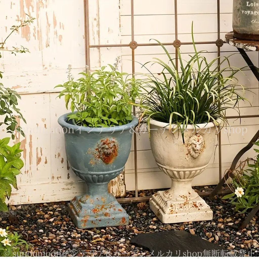 プランター ヴィンテージ調 ライオン アニマル フラワーポット 鉢植え 植木鉢 シャビー加工 シャビーシック ホワイト 白 ブルー 青 ガーデニング 雑貨 ガーデン雑貨 ガーデンインテリア ガーデン インテリア 庭の装飾 お洒落 おしゃれ 4-7