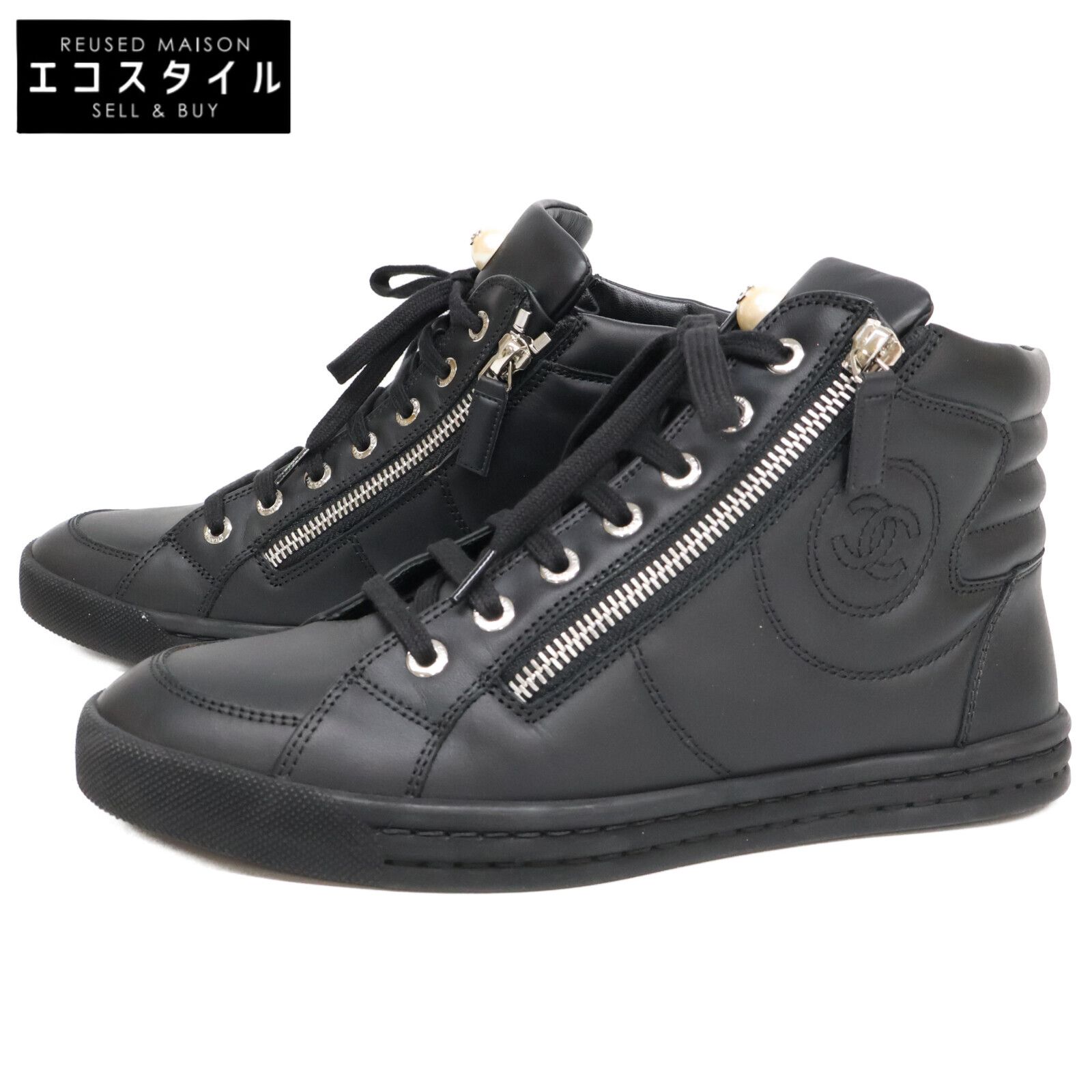 CHANEL シャネル 【美品】G30245 ココマーク サイドジップ ハイカット 