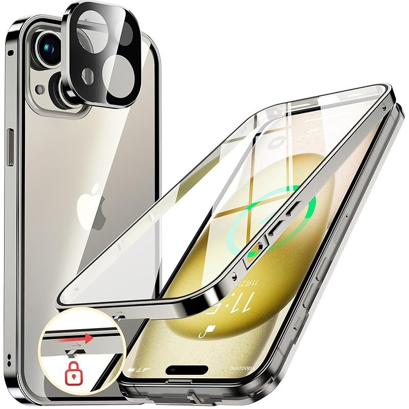 NIANGUO【ロック機能付き・自動ポップアップボタン】 iPhone15 用 ケース クリア 【両面強化ガラス】 9H硬度 【一体型レンズ保護】 アイフォン15 カバー アルミバンパーケース メタルフレーム 耐
