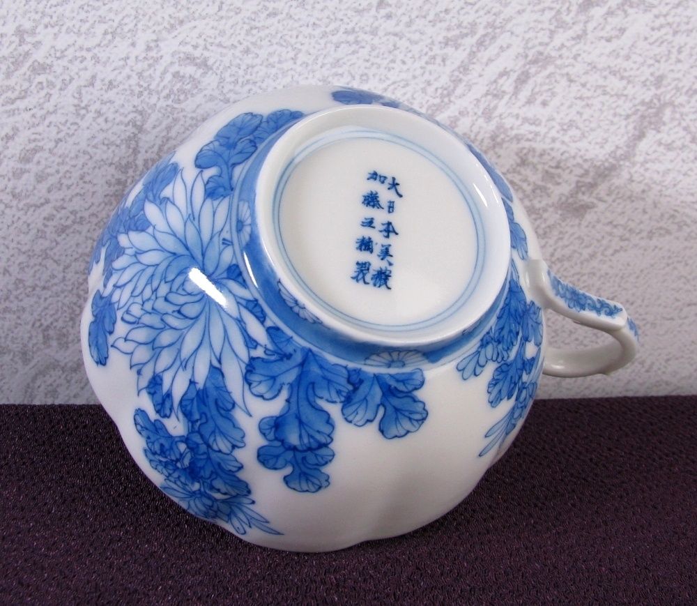 明治工芸　加藤五輔　美濃焼　染付 トリオ　輸出品　里帰り 明治工芸 大日本美濃 加藤五輔製 輸出品 里帰り 染付細密画