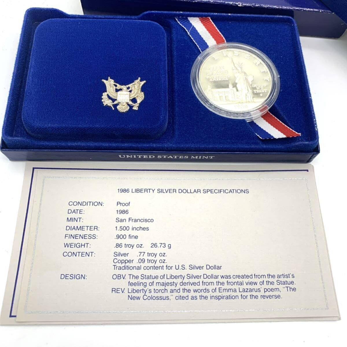 1986年-1986 リバティーコイン記念硬貨銀製メダル 1ドル ONE DOLLAR