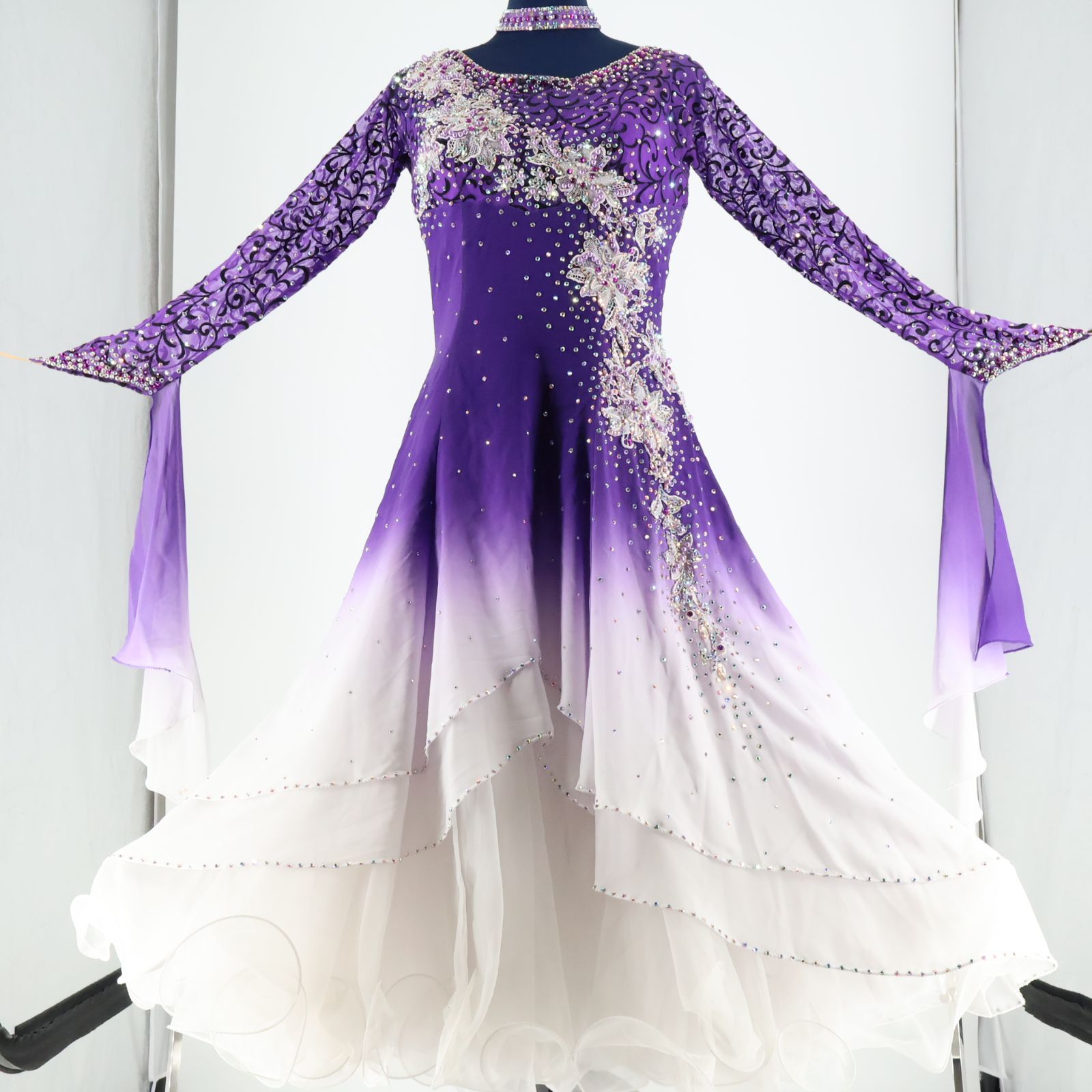 社交ダンス衣装】パープル ワンピース ドレス 紫 フロート レース 上品